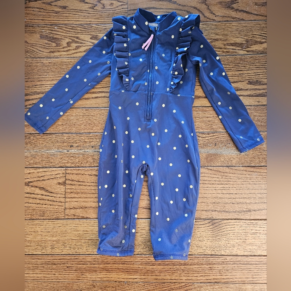Boden Mini Navy Polka Dot Ruffle One-Piece Swimsuit Bodysuit 4-5Y Girl Swim Surf